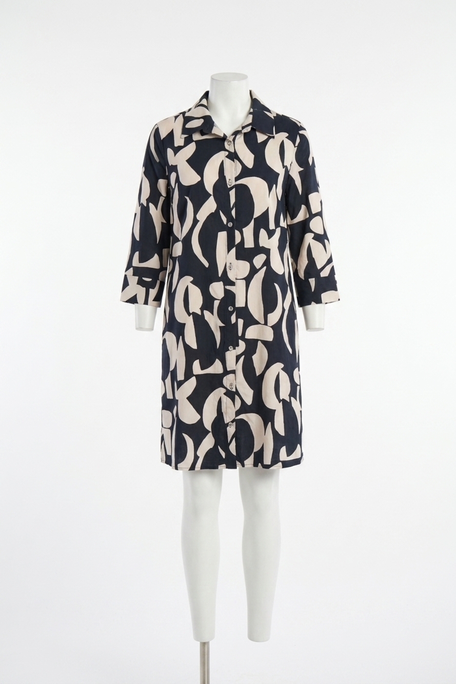 NEW JOSEPH RIBKOFF abstract print stretch poplin trapeze dress in black/moonston